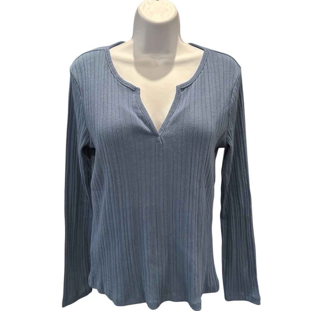 Eddie Bauer Ribbed Split Neck Long Sleeve Top Womens‎ S Blue Cotton Blend NWT